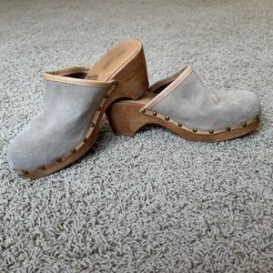 BONGO Vintage Y2K Wood Platform Tan Suede Clog Mules Chunky Heel